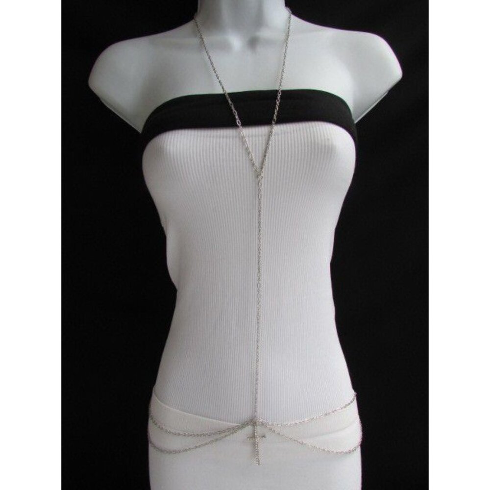 New Women Necklace Cross Fashion Silver Thin Metal Rhinestone Body Chain Jewelry